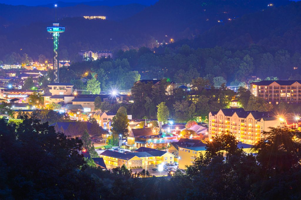 downtown Gatlinburg, TN at night