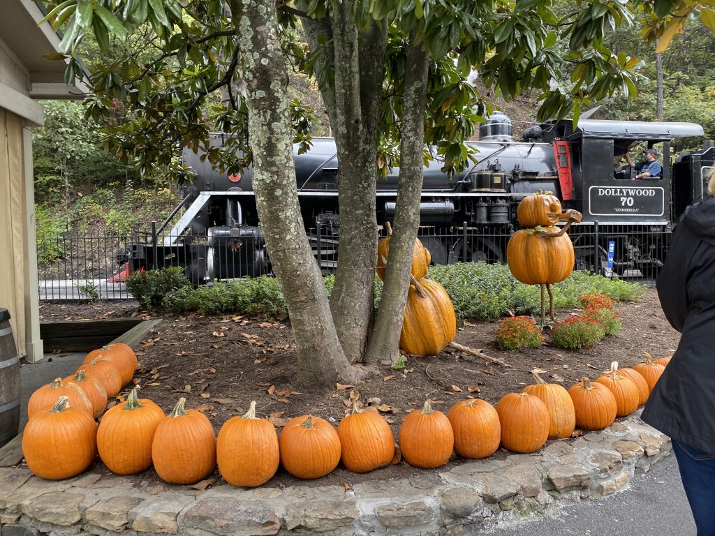 pumpkins in front of the Dollywood Express