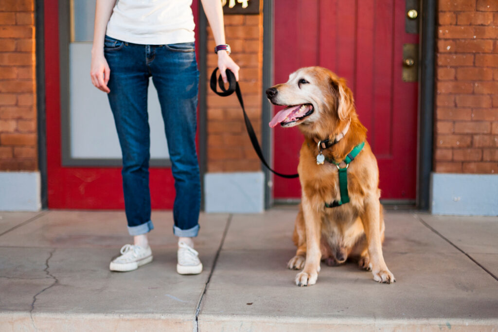 woman and leashed dog in front of building