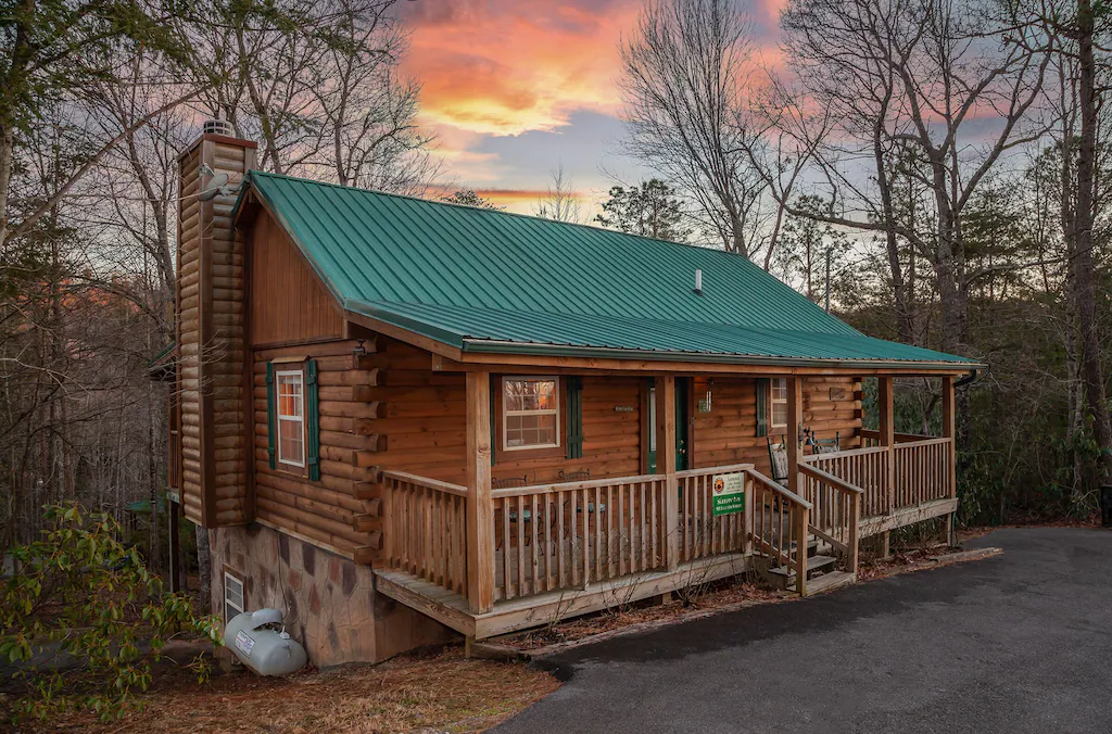 rustin mountain cabin at sunset