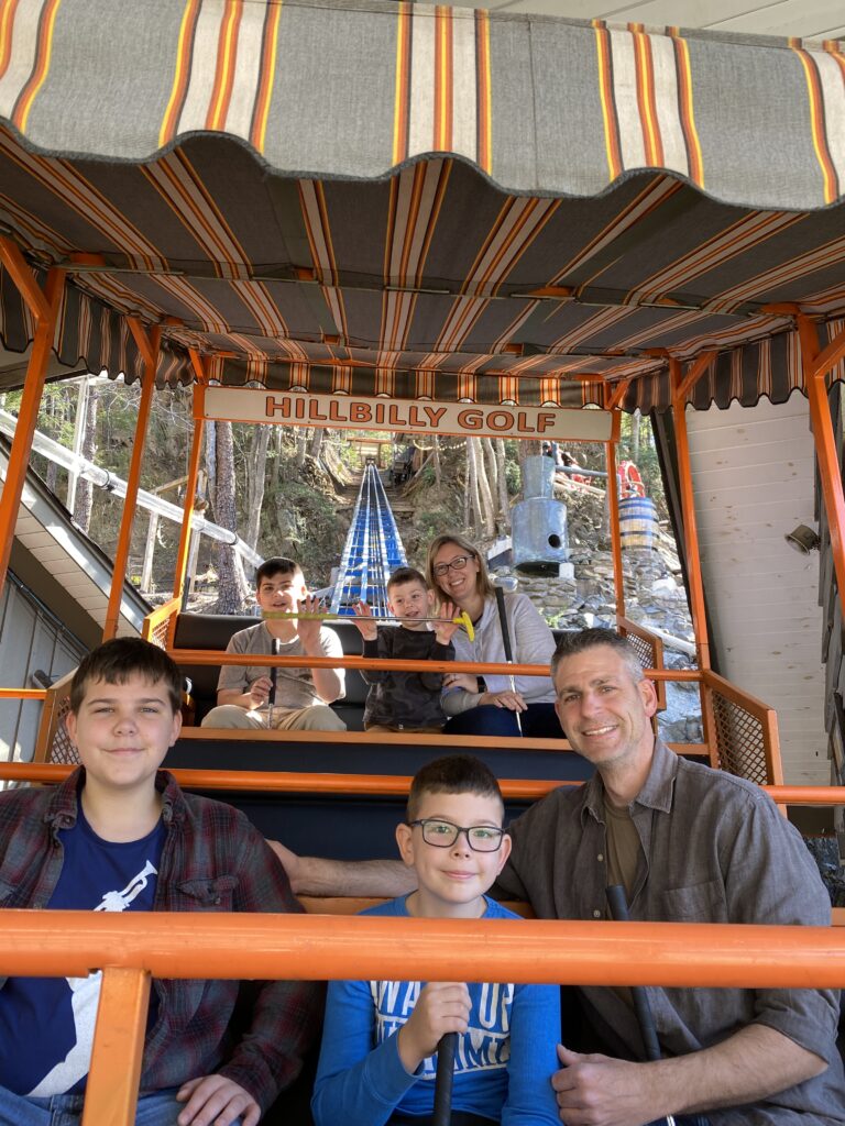 the author and her family on the incline tram to Hilbilly Golf