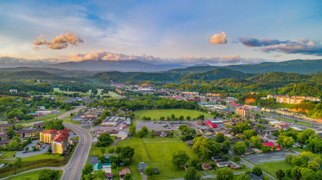 Aerial view of Pigeon Forge and Sevierville Tennessee