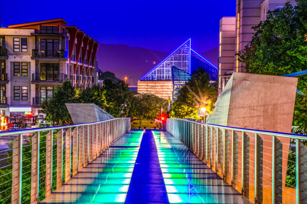 downtown chattanooga at night with view of the aquarium