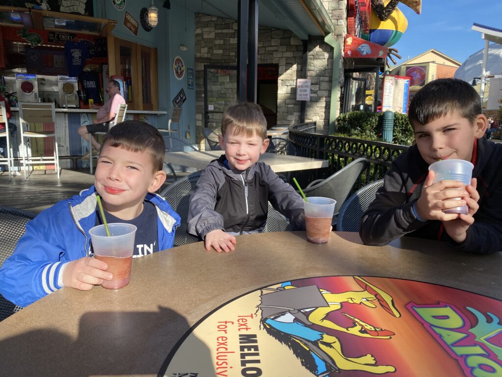 three of the author's sons enjoying a non alcoholic drink at Dude's Daiquiris